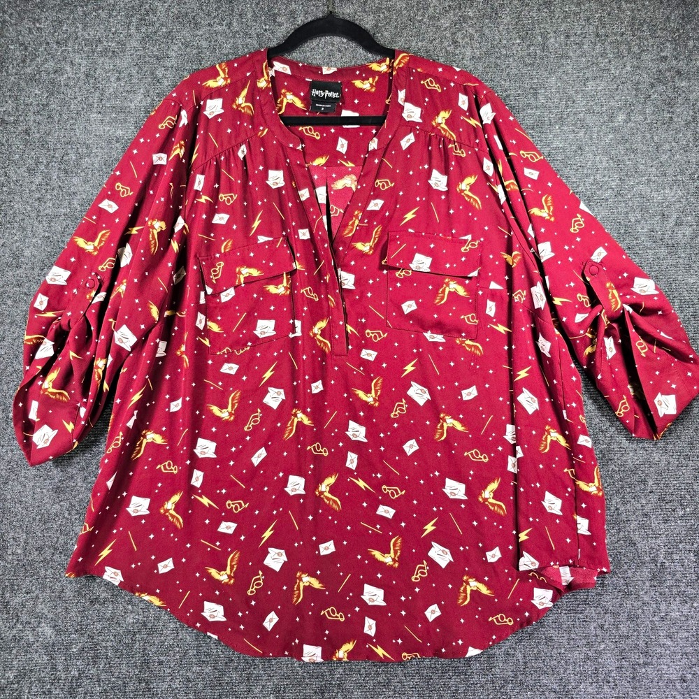 Harry Potter Womens Plus 3XL Burgundy Graphic V-Neck 3/4 Roll Tab Blouse